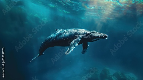 Close-up of a colorful lone whale swimming under the sea.