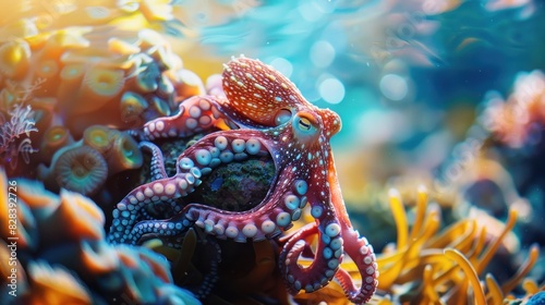 Close-up of a colorful octopus swimming under the sea.