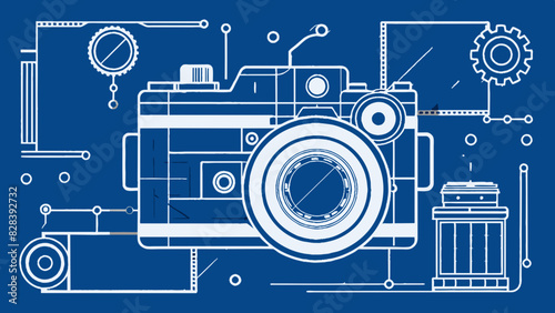 Technical Blueprint Design of Vintage Camera on Blue Background