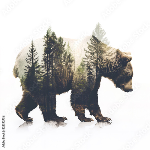 Double exposure, Bear, Forest, wildlife, concept, Brown bear walking, side view. Concept of powerful nature. Vintage colors. Isolated object white background.