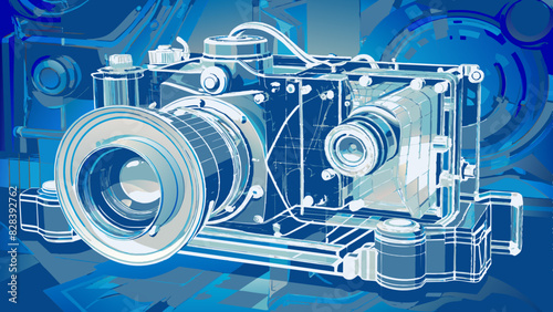 Futuristic Blueprints of Vintage Camera Technology Illustration