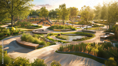 A park with a playground, a pond, and a lot of trees and plants.

 photo