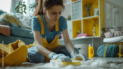 Woman using sponge and detergent for cleaning floor with her team in living room photo