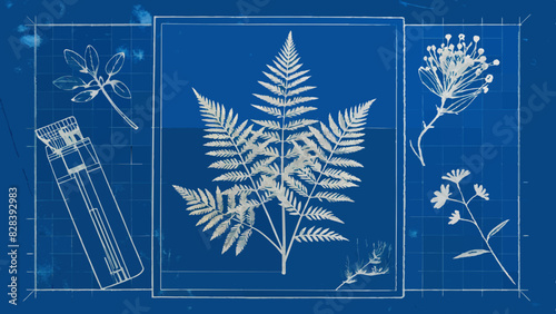 Botanical Illustration Blueprint - Fern and Wildflowers Sketches