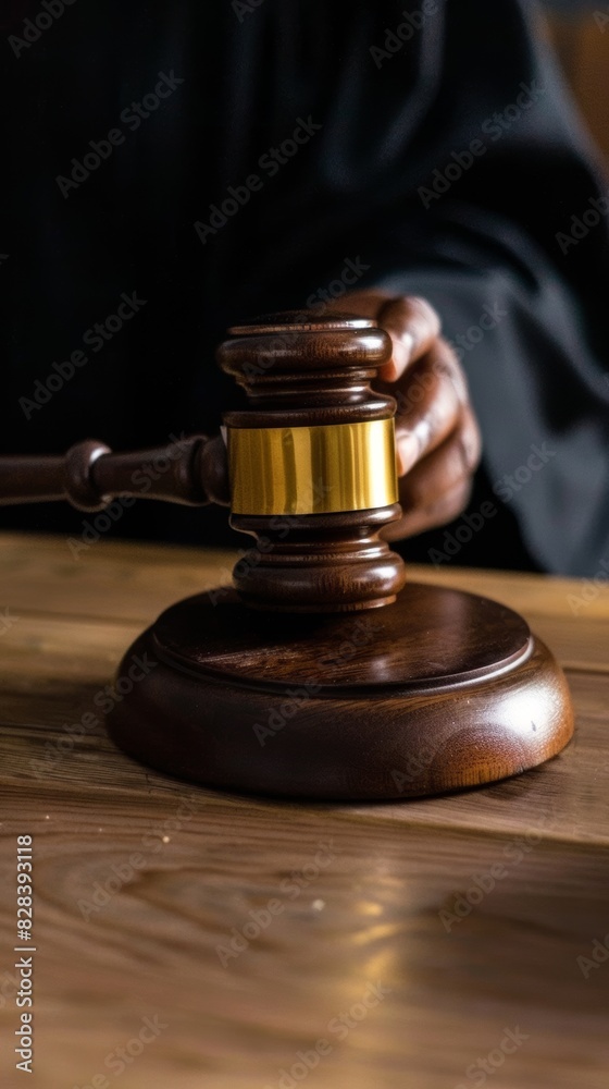 A judge sits at a wooden table, holding a wooden gavel in one hand A judge sits at a wooden table, holding a wooden gavel in one hand