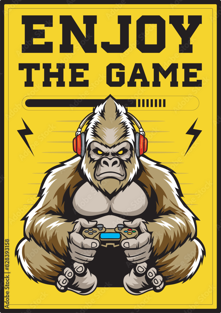 Obraz premium Gorilla monkey ape mascot play gaming with joystick and headphone Esport logo poster vector illustration