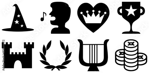 Mega Set Of Vector Fantasy Game Vector Symbols Apps, Websites Ui Designs Suitable For Victory,Bard,Hat,Music,Favor Vector Icons Illustration Collection