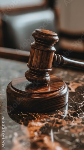 A wooden judges gavel rests on a table in a courtroom setting