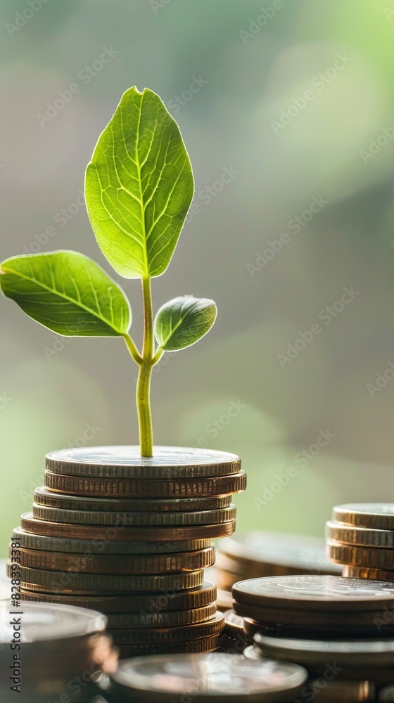 A green plant sprout emerging from a stack of coins, symbolizing financial growth and eco-friendly investments. The close-up shot highlights the leaves and coins against a blurred background, A green plant sprout emerging from a stack of coins, symbolizing financial growth and eco-friendly investments. The close-up shot highlights the leaves and coins against a blurred background,