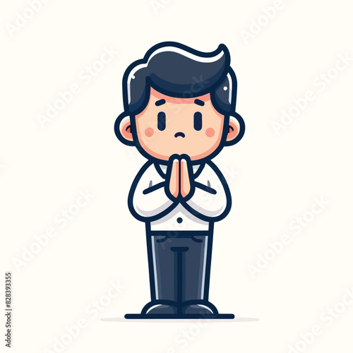 Cartoon of a man in an apologizing pose in a flat design style