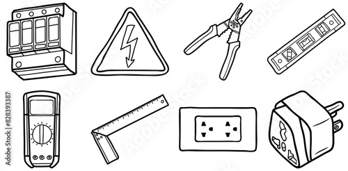 A Collection Of Electrician Outline Icons Silhouette Vector Logo Design Containing Set-Square,Wire-Stripping-Plier,Electrical-Tool,Plug,Tool Outline Icons Collection. Simple Vector Illustration