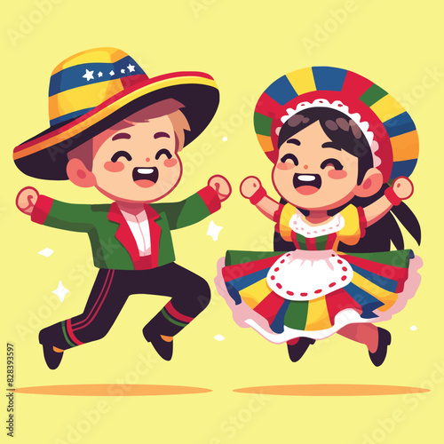 cartoon of Venezuelan children jumping happily to celebrate a Venezuelan independence day