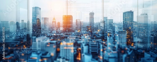 A city skyline with a bright orange sun in the background. The city is lit up at night, creating a warm and inviting atmosphere