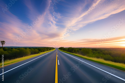 2023 New Year road trip travel and future vision concept . Nature landscape with highway road leading forward to happy new year celebration in the beginning of 2023 for fresh and successful start . photo