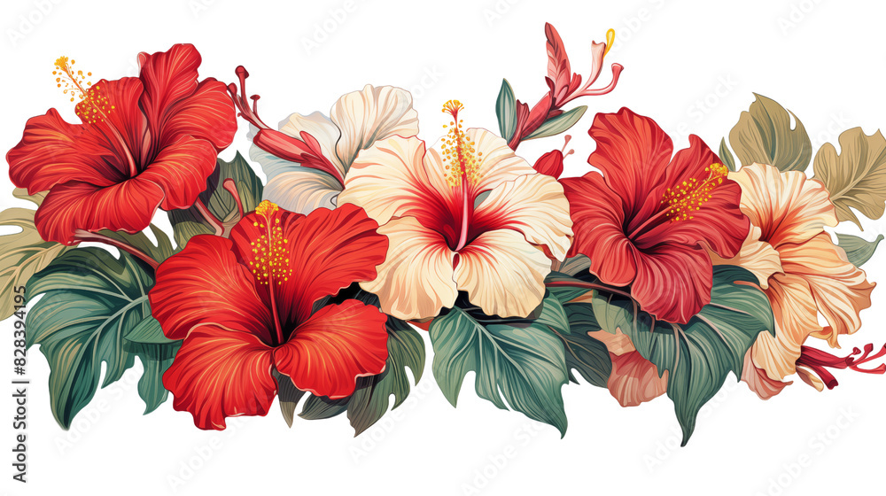 Obraz premium Colorful floral arrangement of vivid hibiscus flowers in red and white hues, showcasing vibrant and diverse botanical beauty, card border, copy space for text