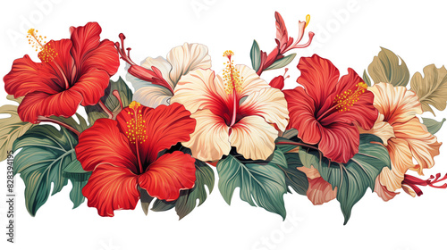 Colorful floral arrangement of vivid hibiscus flowers in red and white hues, showcasing vibrant and diverse botanical beauty, card border, copy space for text