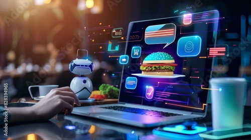 Seamless smart order food or auto reserve seat on social media app platform ask talk or text advice robot meal dining booking retail on laptop. AI chat bot help people for small SME asia B2C CRM IOT.  photo