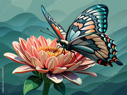 A butterfly sits on a bud of a beautiful chrysanthemum vector illustration 