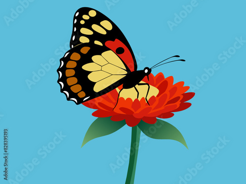 A butterfly sits on a bud of a beautiful chrysanthemum vector illustration 