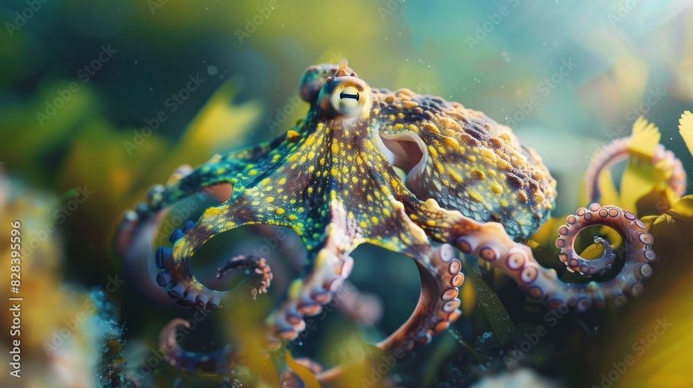 Close-up of a colorful octopus swimming under the sea. Close-up of a colorful octopus swimming under the sea.