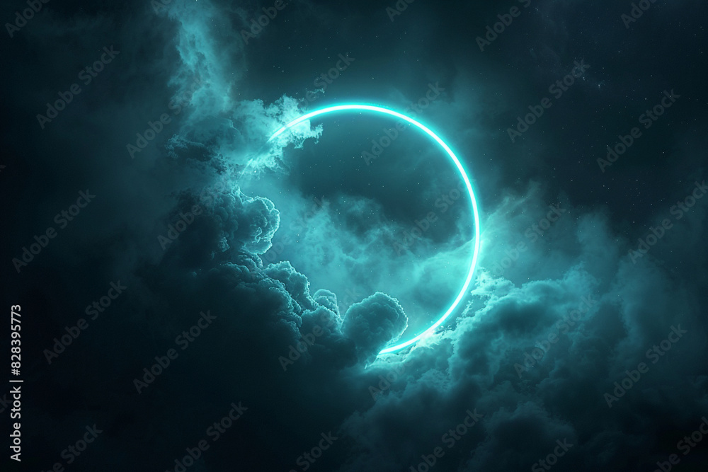 Aqua neon ring glows around swirling clouds in a dark sky, showcased in a 3D vertical frame. Aqua neon ring glows around swirling clouds in a dark sky, showcased in a 3D vertical frame.