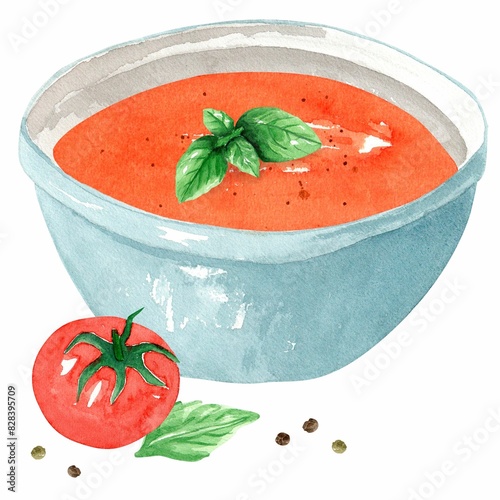 Tomato puree soup with basil in a blue plate and pepper. Hand drawn watercolor illustration isolated on white background. Template for design.