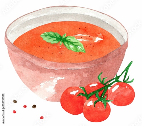 Tomato puree soup with basil in a red plate with cherry tomatoes and peppers. Hand drawn watercolor illustration isolated on white background. Template for design.