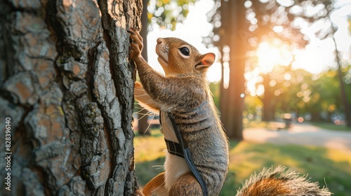A mannequin squirrel outfitted with a cooling vest, climbing a tree in a sunlit park, illustrating the vesta??s ease of use and comfort for active animals. photo