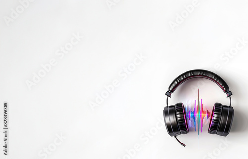 A pair of black earphones with a colorful soundwave spectrum visualizer between them, set against a clean white background