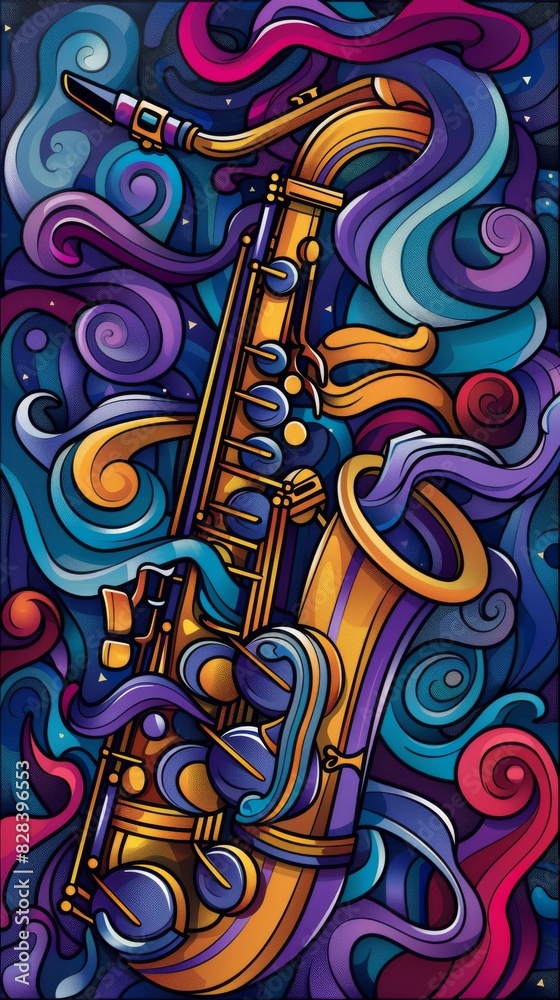 A painting of a saxophone displayed against a solid blue background A painting of a saxophone displayed against a solid blue background