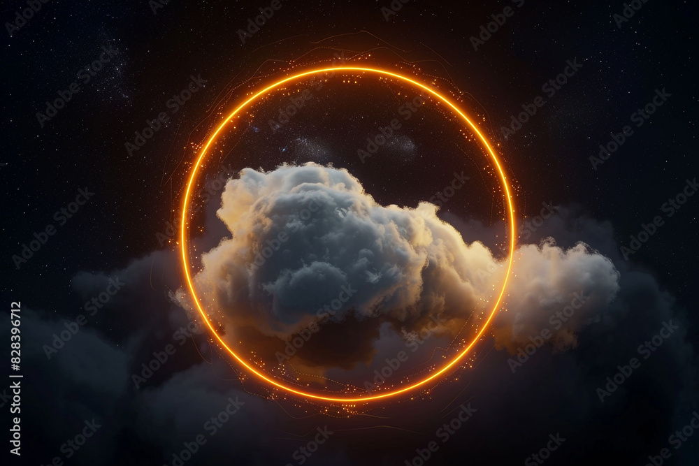 Obraz premium Ginger neon ring casts a warm light on swirling clouds in the dark night sky, 3D vertical frame.