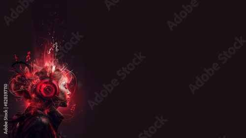 Side profile of a person wearing large red headphones, with musical notes and abstract shapes flowing out from the headphones