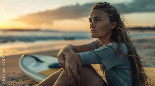 Thoughtful woman with surfboard sitting at beach 