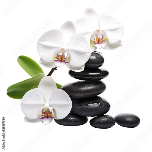 White orchid flowers and round Zen spa stones on an isolated background
