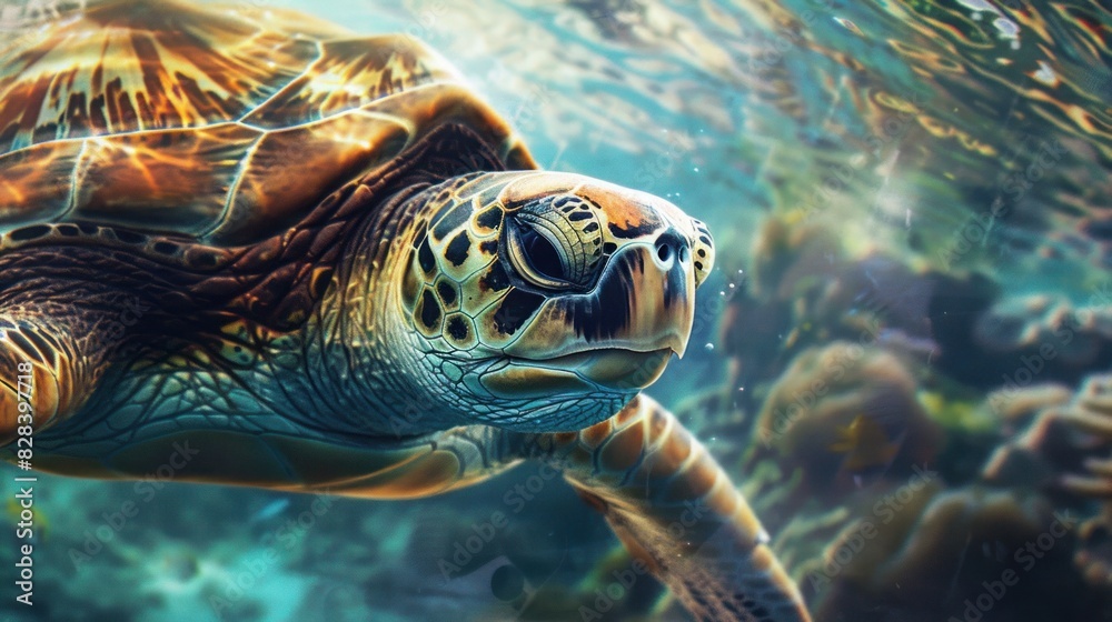 Close-up of a giant turtle swimming under the colorful sea. Close-up of a giant turtle swimming under the colorful sea.