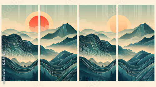 Set Mountain layout design in oriental style.Japanese background with line wave pattern vector. Abstract template with geometric pattern.