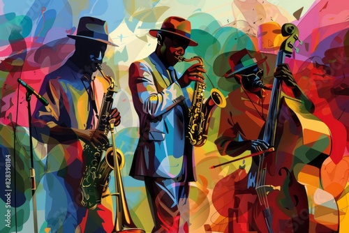 Illustration of an African-American jazz band playing together, abstract background