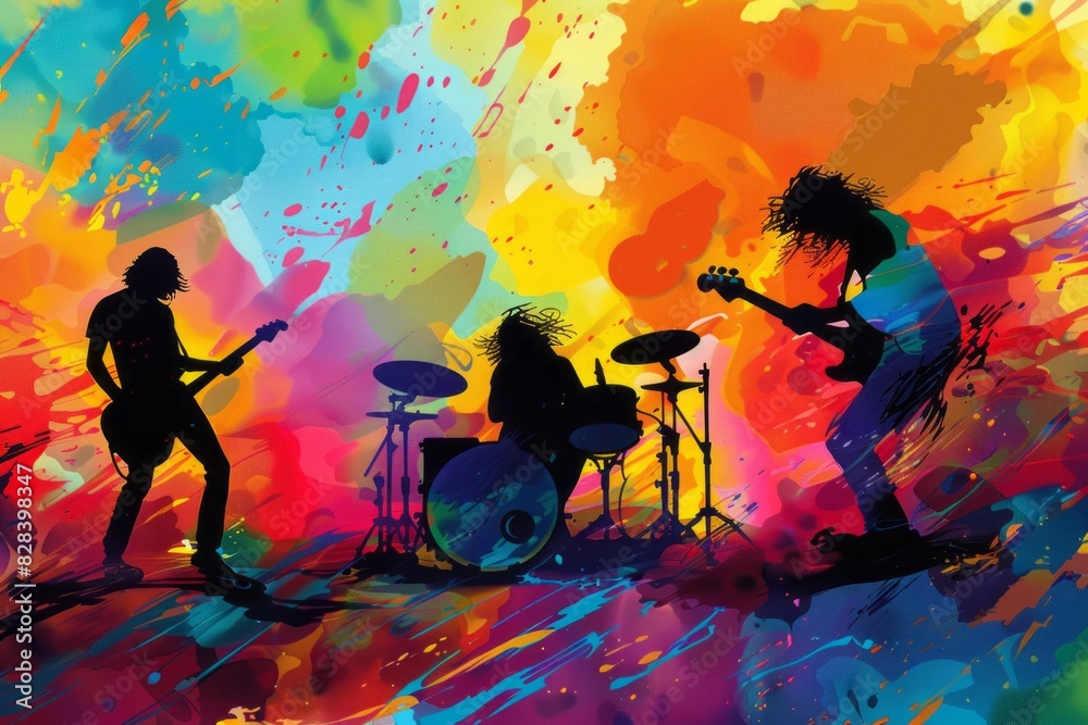 band playing together with colorful background