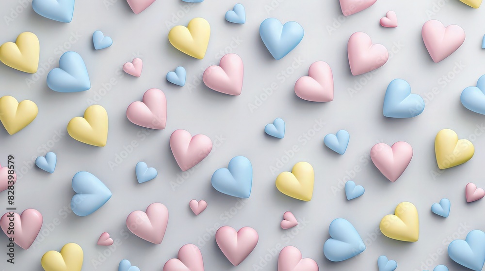 A playful Valentine's Day background with scattered hearts in pastel blue, pink, and yellow, set against a light grey canvas, ideal for festive decorations or invitations. A playful Valentine's Day background with scattered hearts in pastel blue, pink, and yellow, set against a light grey canvas, ideal for festive decorations or invitations.
