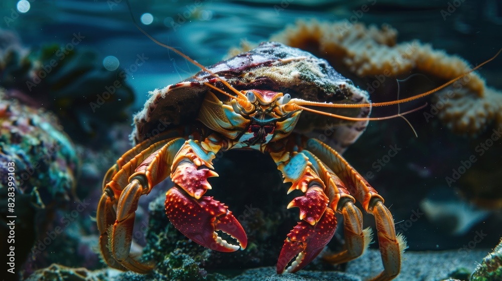 Close-up of a large, brightly colored hermit crab swimming alone under the sea. Close-up of a large, brightly colored hermit crab swimming alone under the sea.