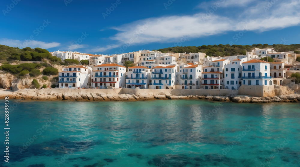 Picturesque Mediterranean coastal village with white buildings and turquoise waters in Greece under a sunny sky