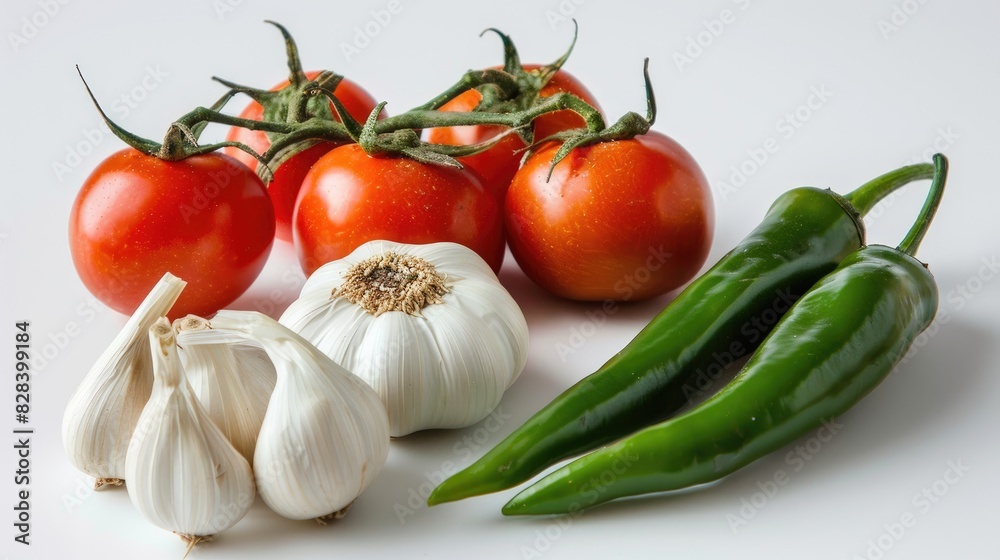 Vibrant image of garlic tomato and green chili on a white background showcasing fresh and colorful produce Vibrant image of garlic tomato and green chili on a white background showcasing fresh and colorful produce