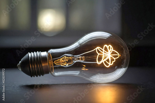 A close-up shot of a single illuminated light bulb in a room. photo