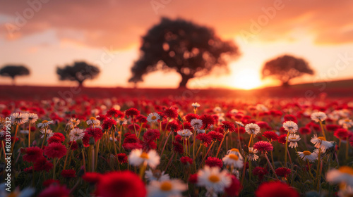 A beautiful sunset over an open field of red and white daisies, with trees in the background