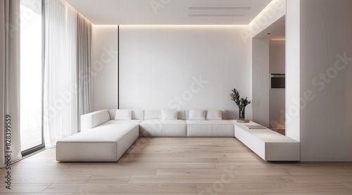 Minimalist living room in white color with a white modular sofa  sleek wooden flooring  and minimalistic wall art