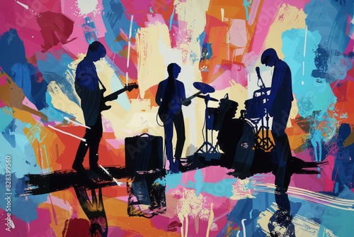 band playing together with colorful background