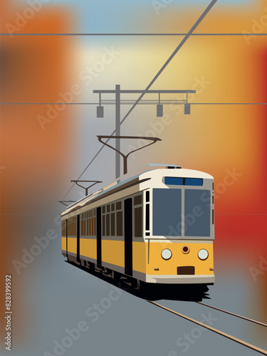 old yellow tram on a background of autumn colors, vector illustration to frame your designs and views in vintage urban style