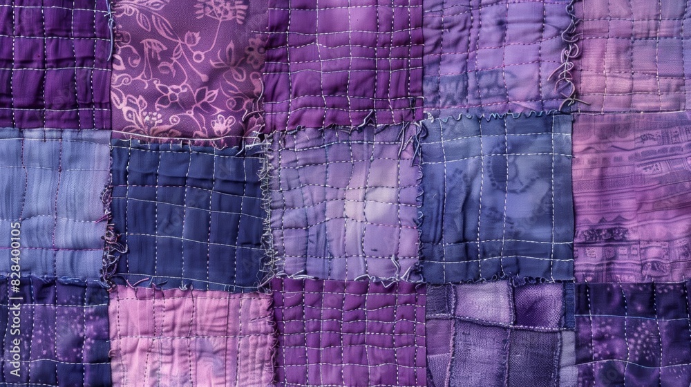 Shades of purple and lavender come together in this recycled fabric quilt with each square featuring a different texture or pattern. Shades of purple and lavender come together in this recycled fabric quilt with each square featuring a different texture or pattern.