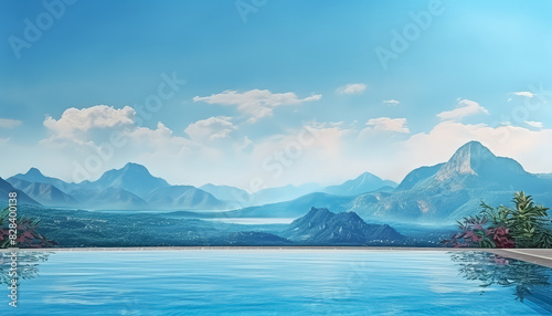 A large pool with mountains in the background