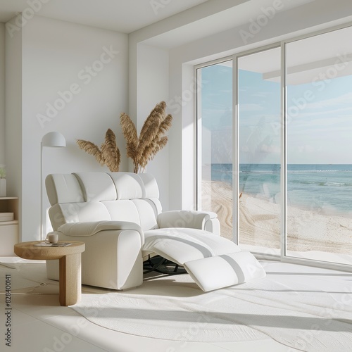 Minimalist living room in white color with a white recliner sofa, glass windows showing a summer beach view, and minimalistic decor